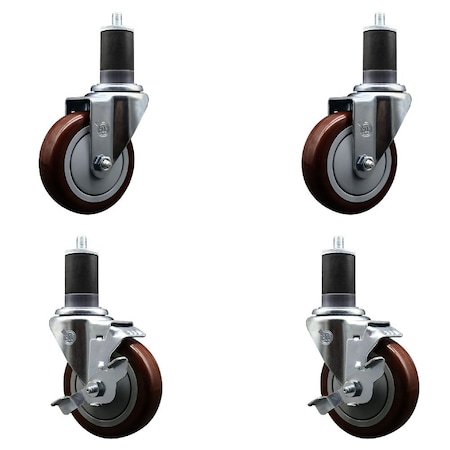Service Caster 4'' Maroon Poly Wheel Swivel 1-5/8'' Expanding Stem Caster Set 2 Brakes, 4PK SCC-EX20S414-PPUB-MRN-2-TLB-2-158
